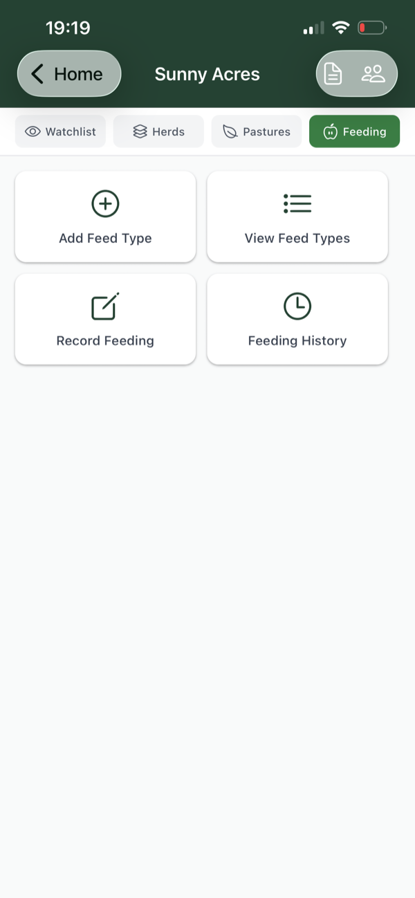 Feeding hub with feed types, recording, and history in Better Ranch Manager